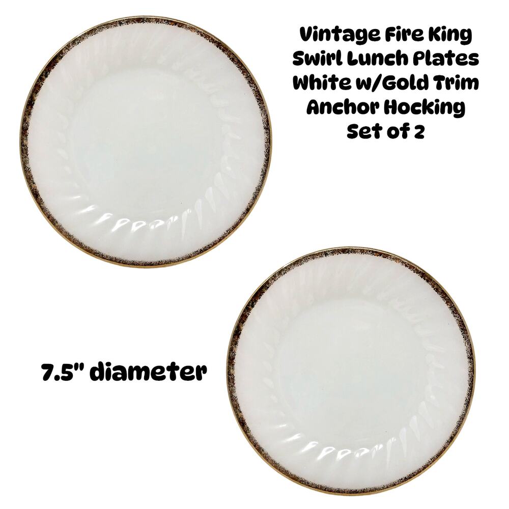 Vintage Fire King Swirl Lunch Plates White w/Gold Trim Anchor Hocking Set of 2